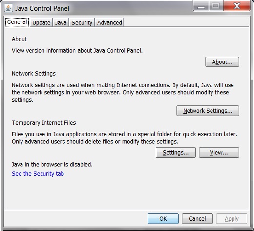 Java Control Panel Screen